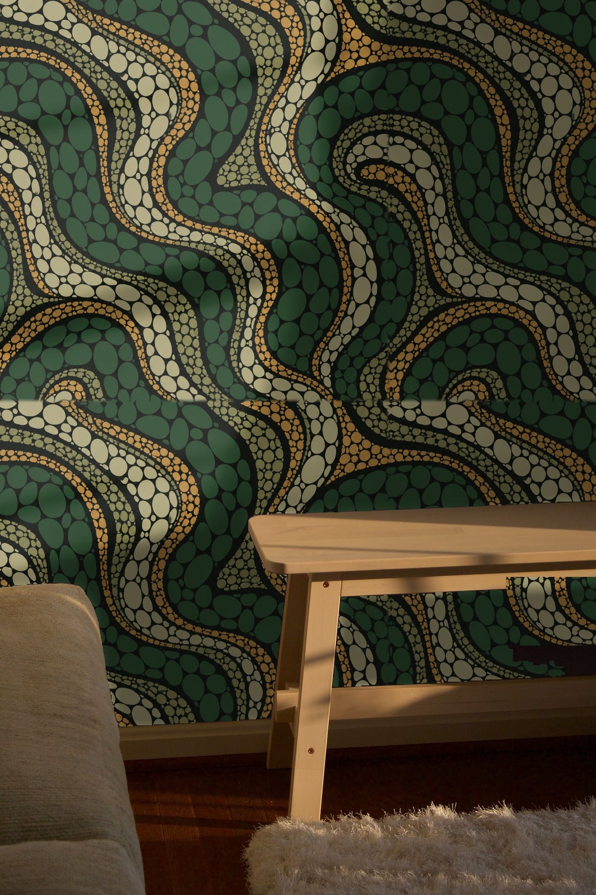 Wide shot of interior highlighting Cypress Scale Mosaic wallpaper behind furniture.