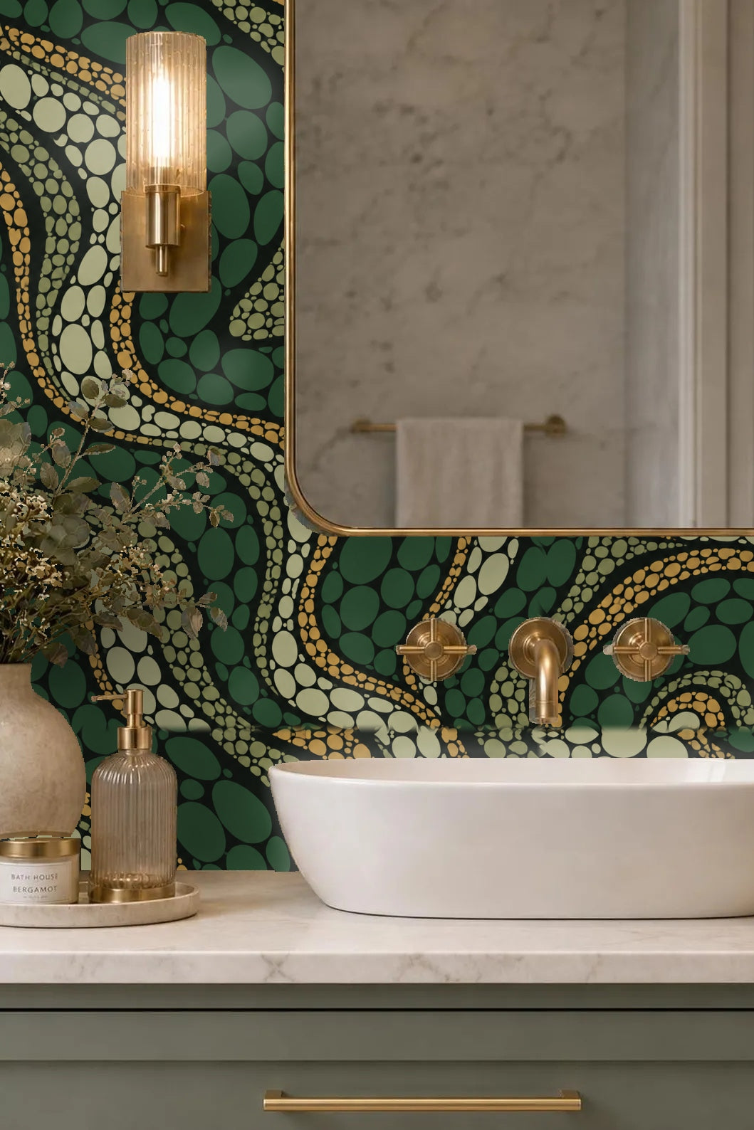 Close-up of Cypress Scale Mosaic geometric ellipse pattern in forest green, olive, cream, and ochre.