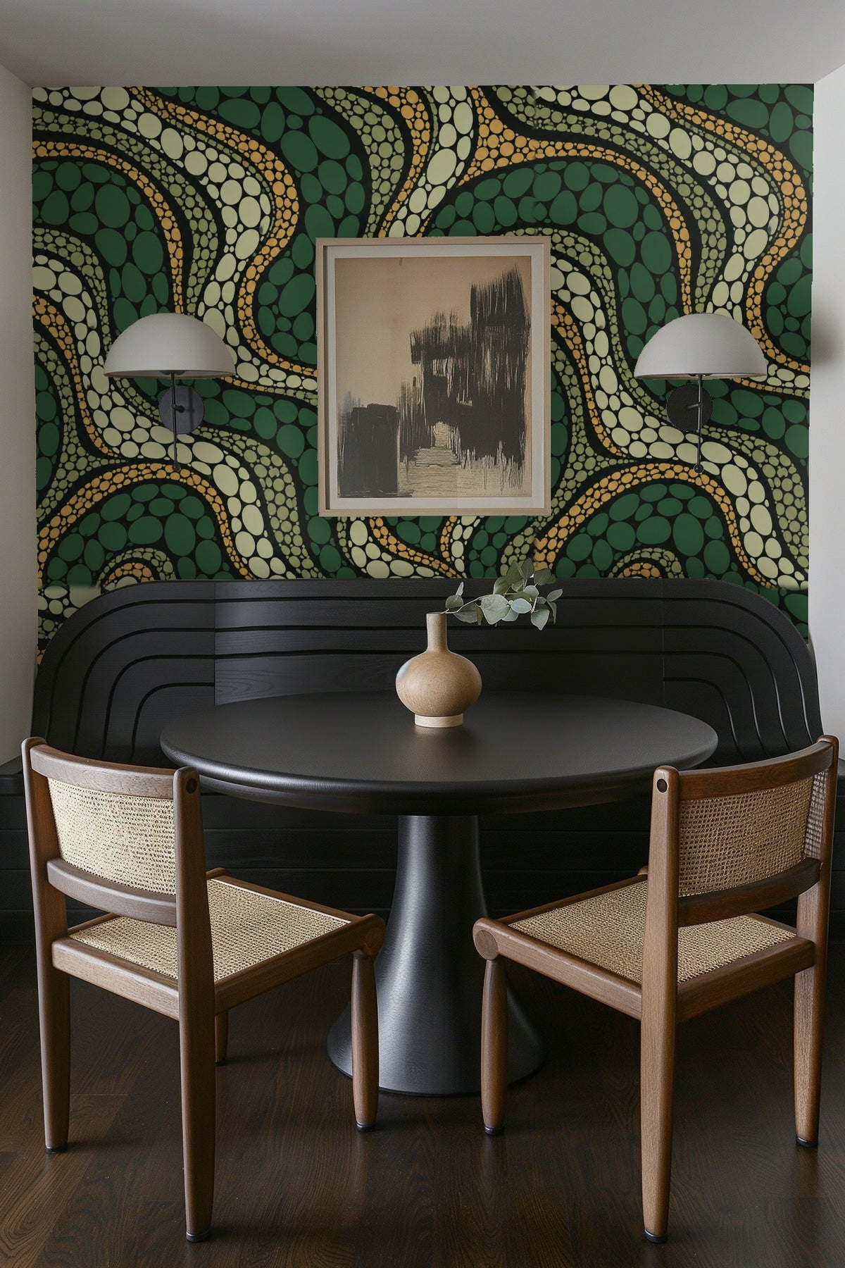 Room corner featuring bold Cypress Scale Mosaic wallpaper with sharp contrasts.