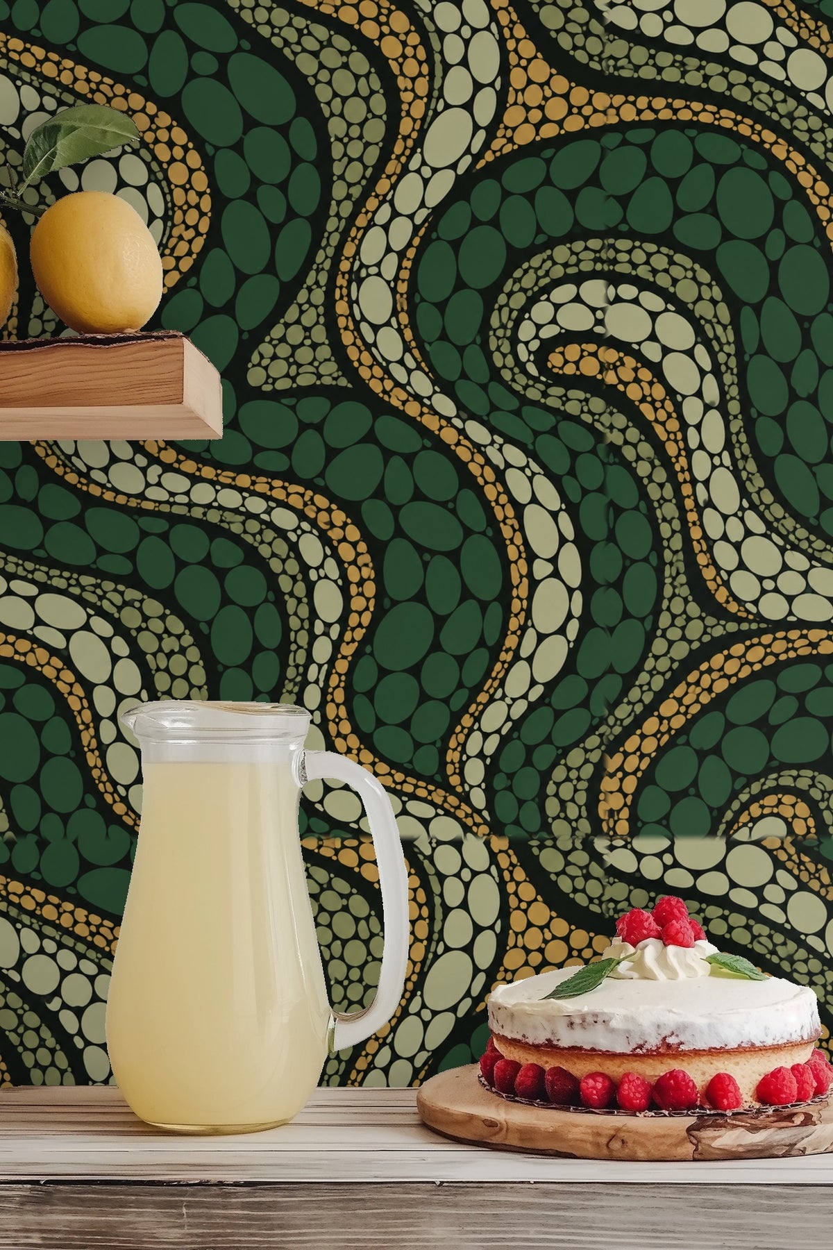 Close view showing overlapping elliptical motifs of the wallpaper.