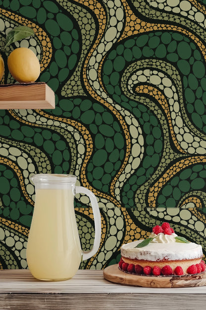 Close view showing overlapping elliptical motifs of the wallpaper.