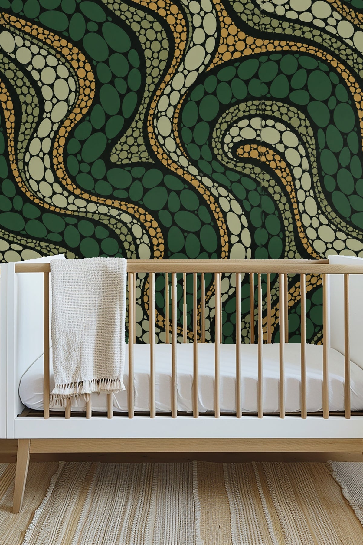 Section of wall covered by Cypress Scale Mosaic wallpaper showing sinuous flowing scale shapes.