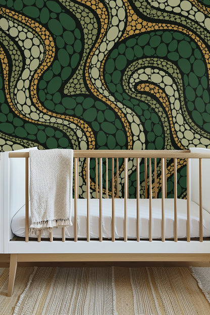 Section of wall covered by Cypress Scale Mosaic wallpaper showing sinuous flowing scale shapes.