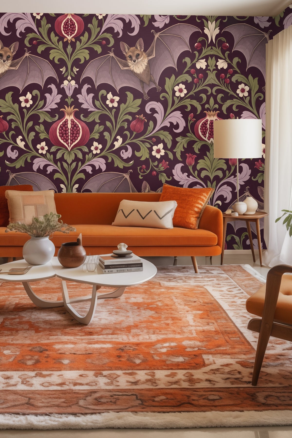 Detailed view of wallpaper artwork featuring bats, pomegranates, and botanical scrolls in plum, green, and red tones.