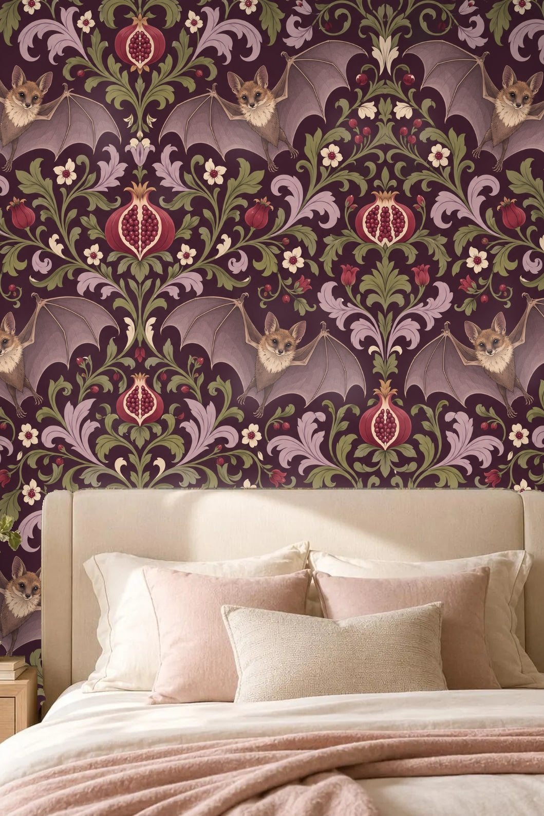 Botanical scroll with soft purple flowers and green curling leaves on deep plum backdrop.