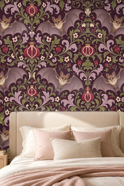 Botanical scroll with soft purple flowers and green curling leaves on deep plum backdrop.
