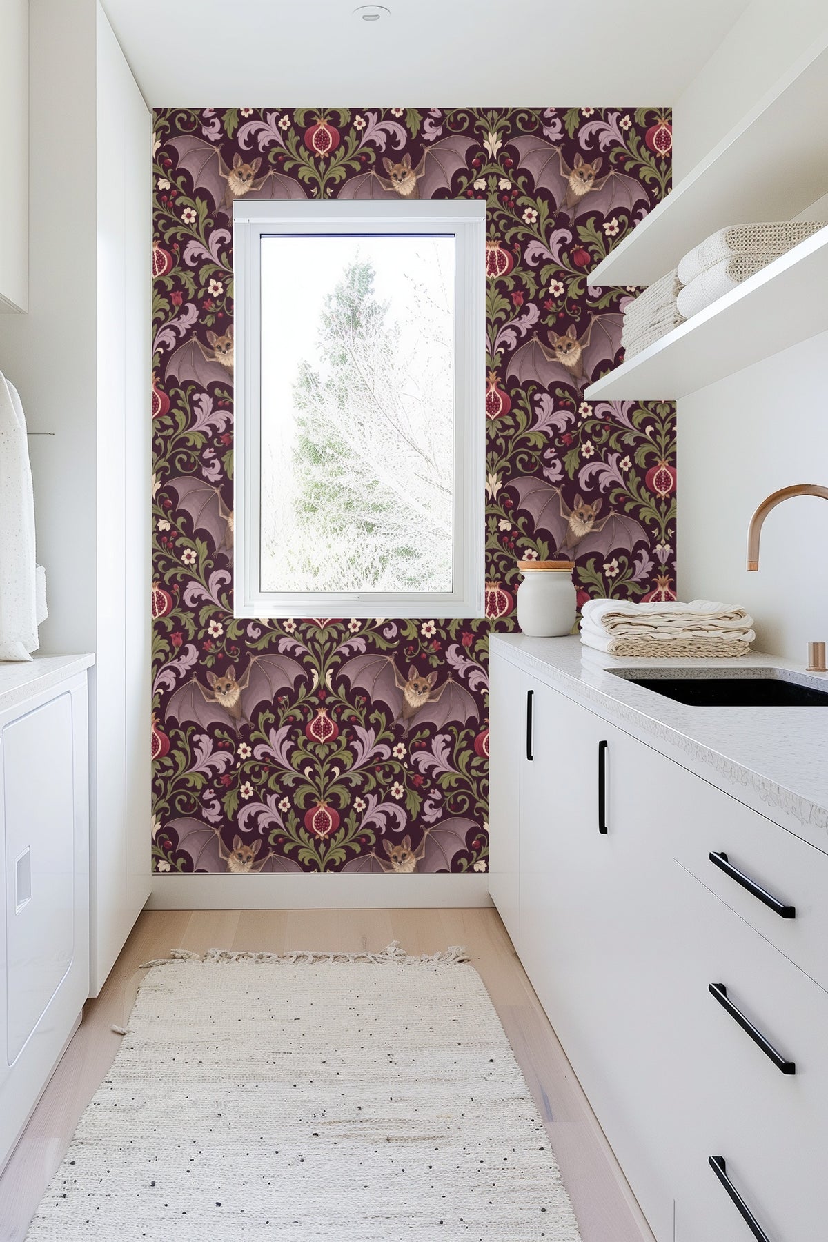 Pattern repeat detail emphasizing symmetrical damask arrangement with botanicals and bats.