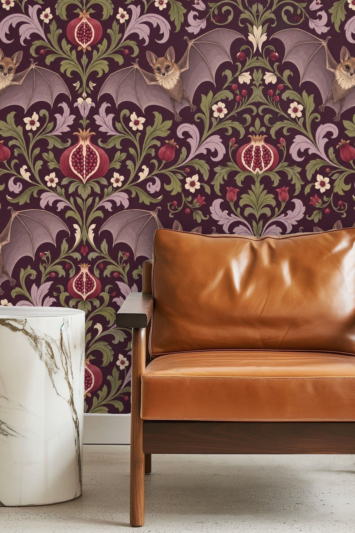 Living room with orange sofa and immersive plum wallpaper featuring bats, pomegranates, and floral elements.