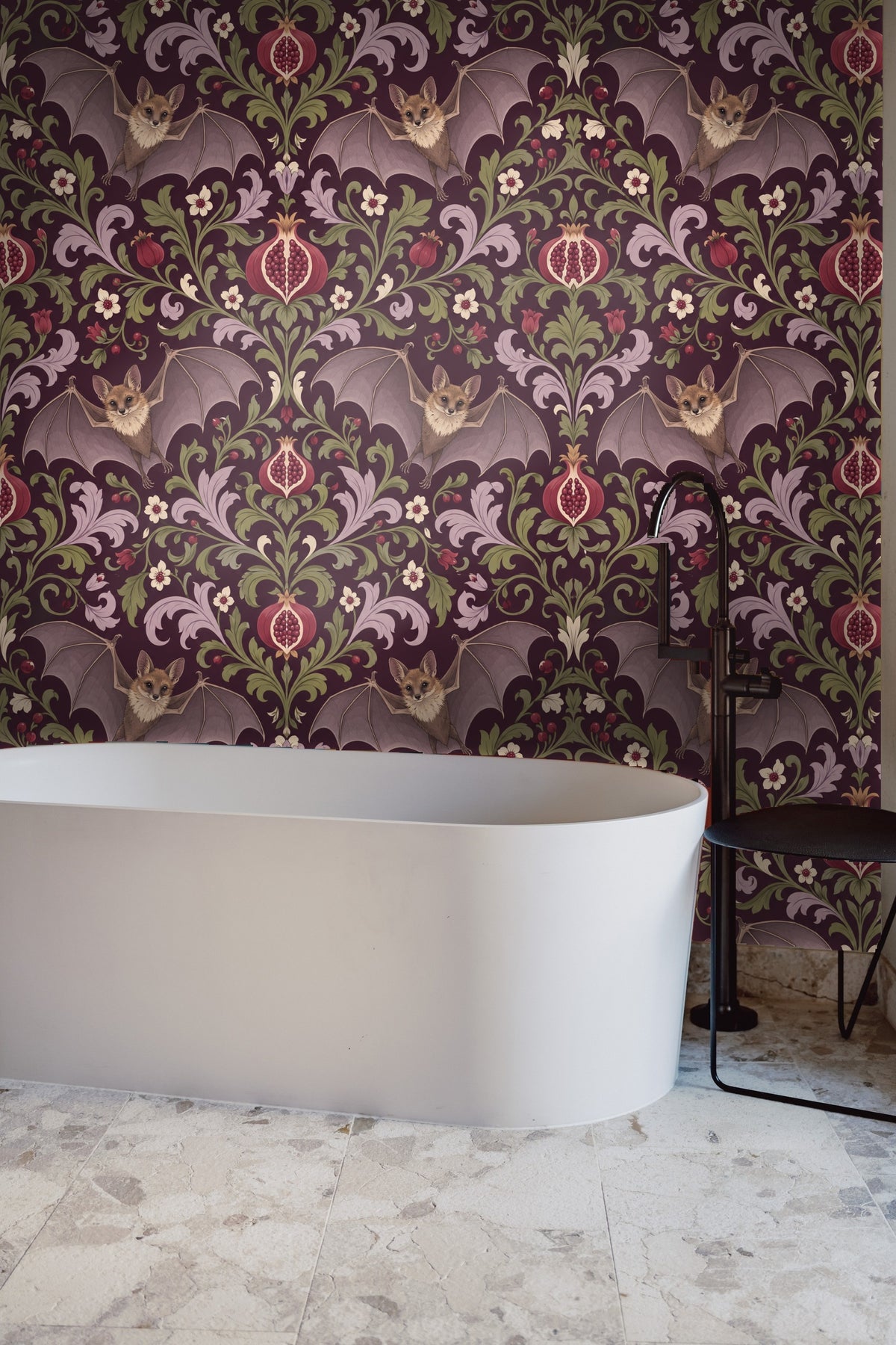 Wall detail featuring the shaded texture on bat wings and flower petals in muted color palette.
