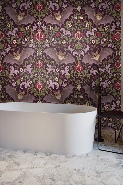 Wall detail featuring the shaded texture on bat wings and flower petals in muted color palette.