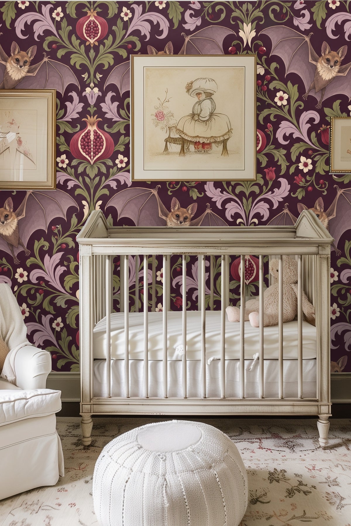 Wallpaper close-up showing delicate bat wings and pomegranate fruit motifs on a deep purple background.