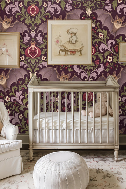 Wallpaper close-up showing delicate bat wings and pomegranate fruit motifs on a deep purple background.