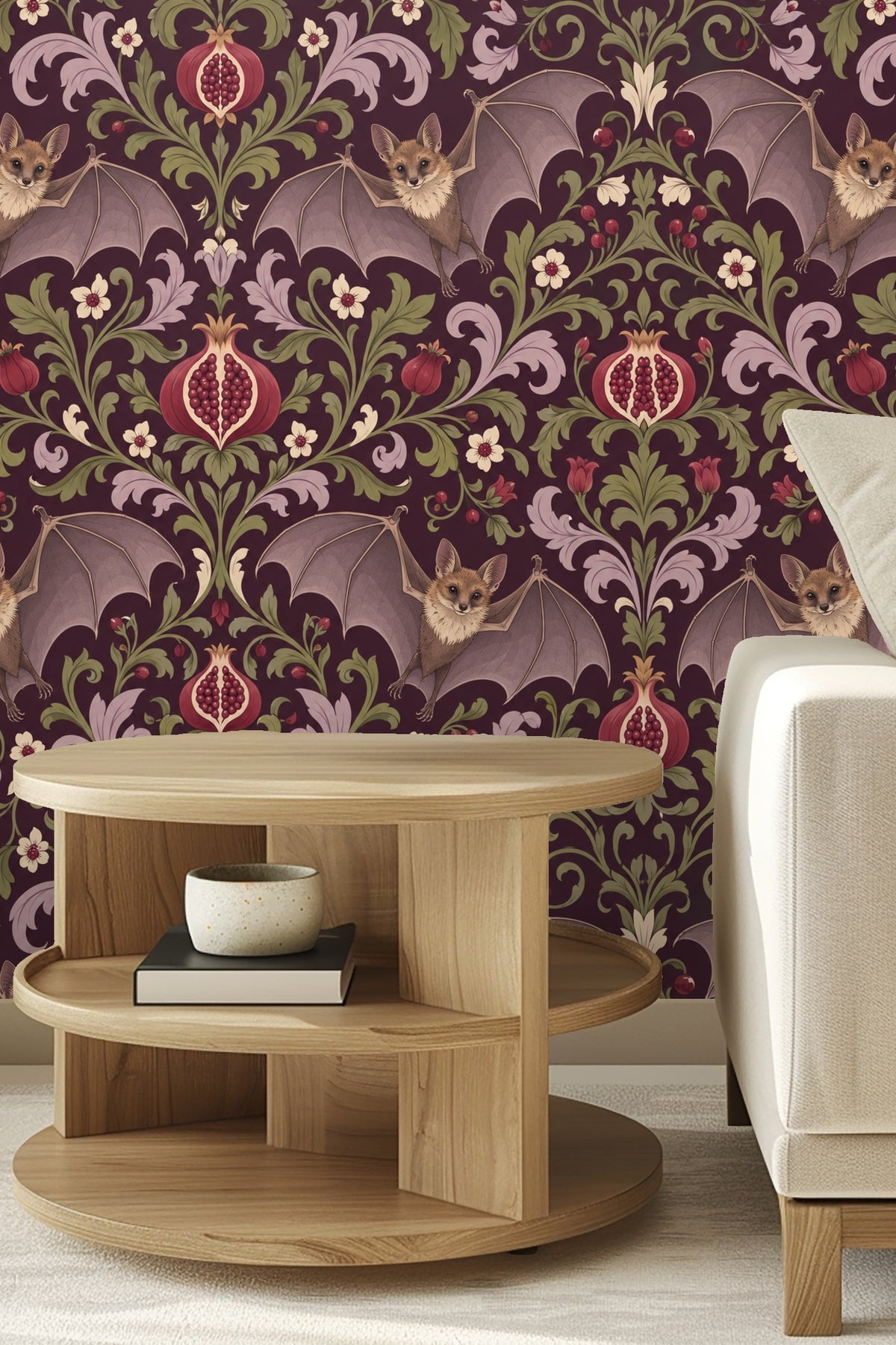 A flying bat crossing over light lavender foliage in the wallpaper motif.