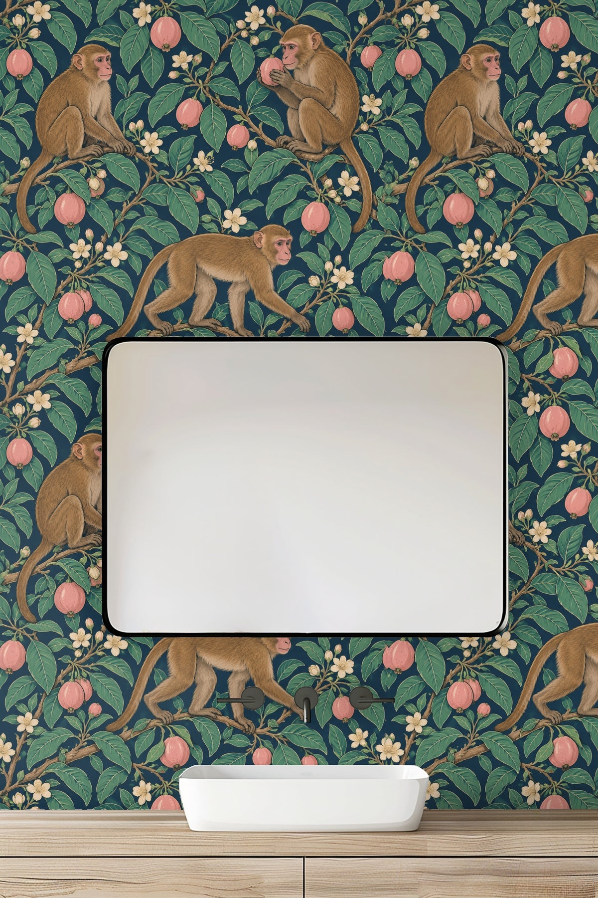 Wallpaper sample focusing on the light pink fruit and white flowers contrasted with deep teal and greenery.