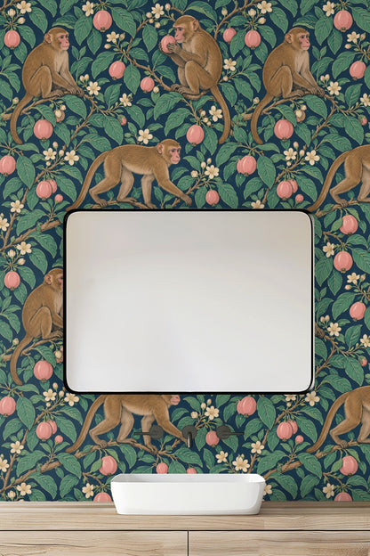 Wallpaper sample focusing on the light pink fruit and white flowers contrasted with deep teal and greenery.
