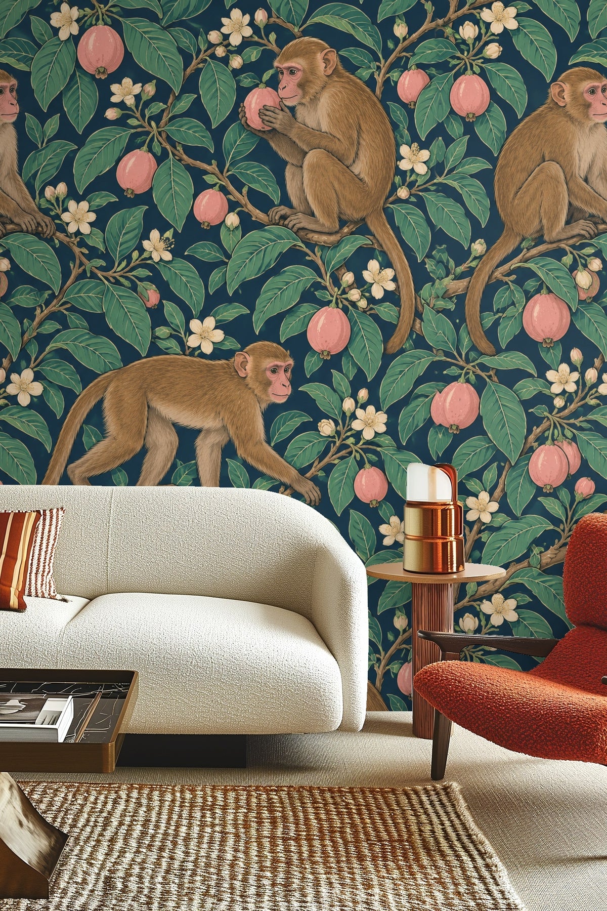 Detailed wallpaper artwork showing brown macaques with pink guavas and green leaves on a teal background.
