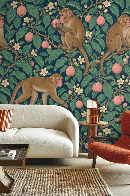 Detailed wallpaper artwork showing brown macaques with pink guavas and green leaves on a teal background.