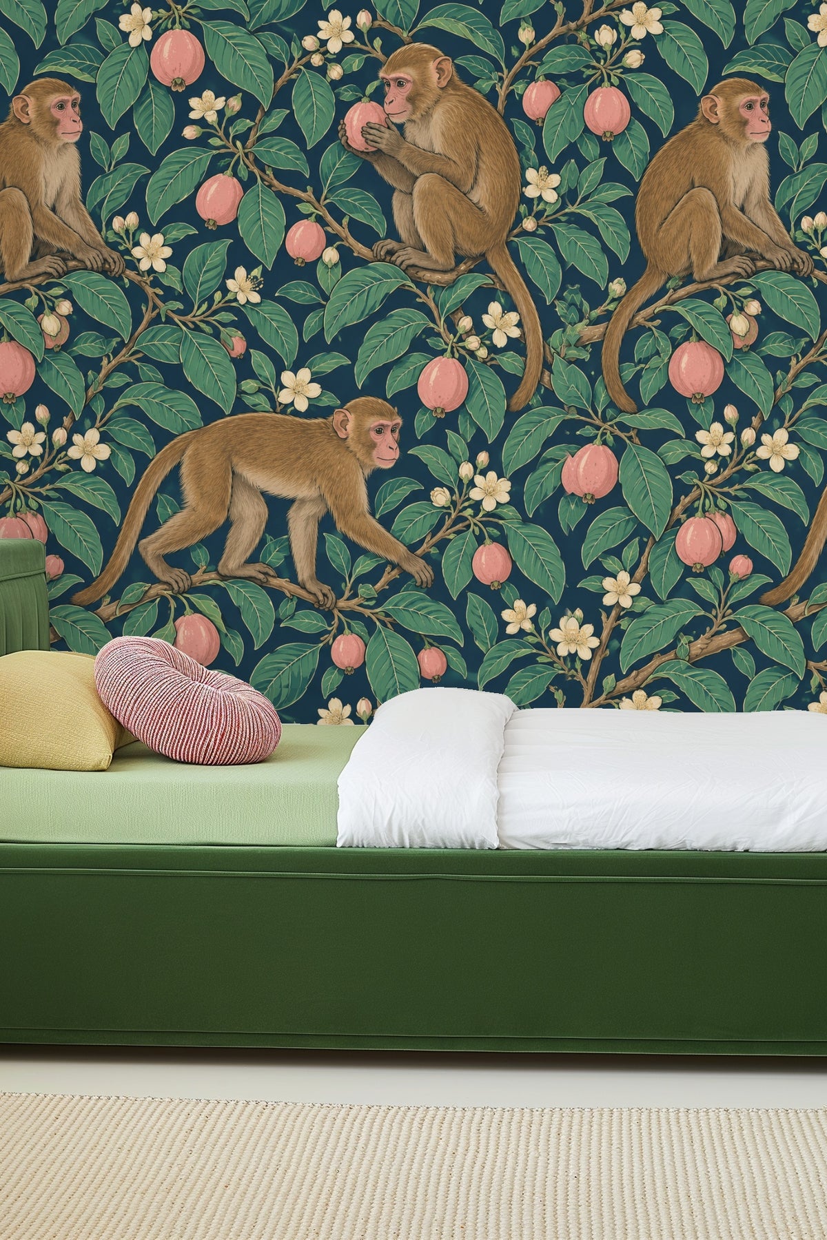 Living room with Guava Macaque Garden wallpaper in deep teal with macaque motif behind white curved sofa and orange chair.