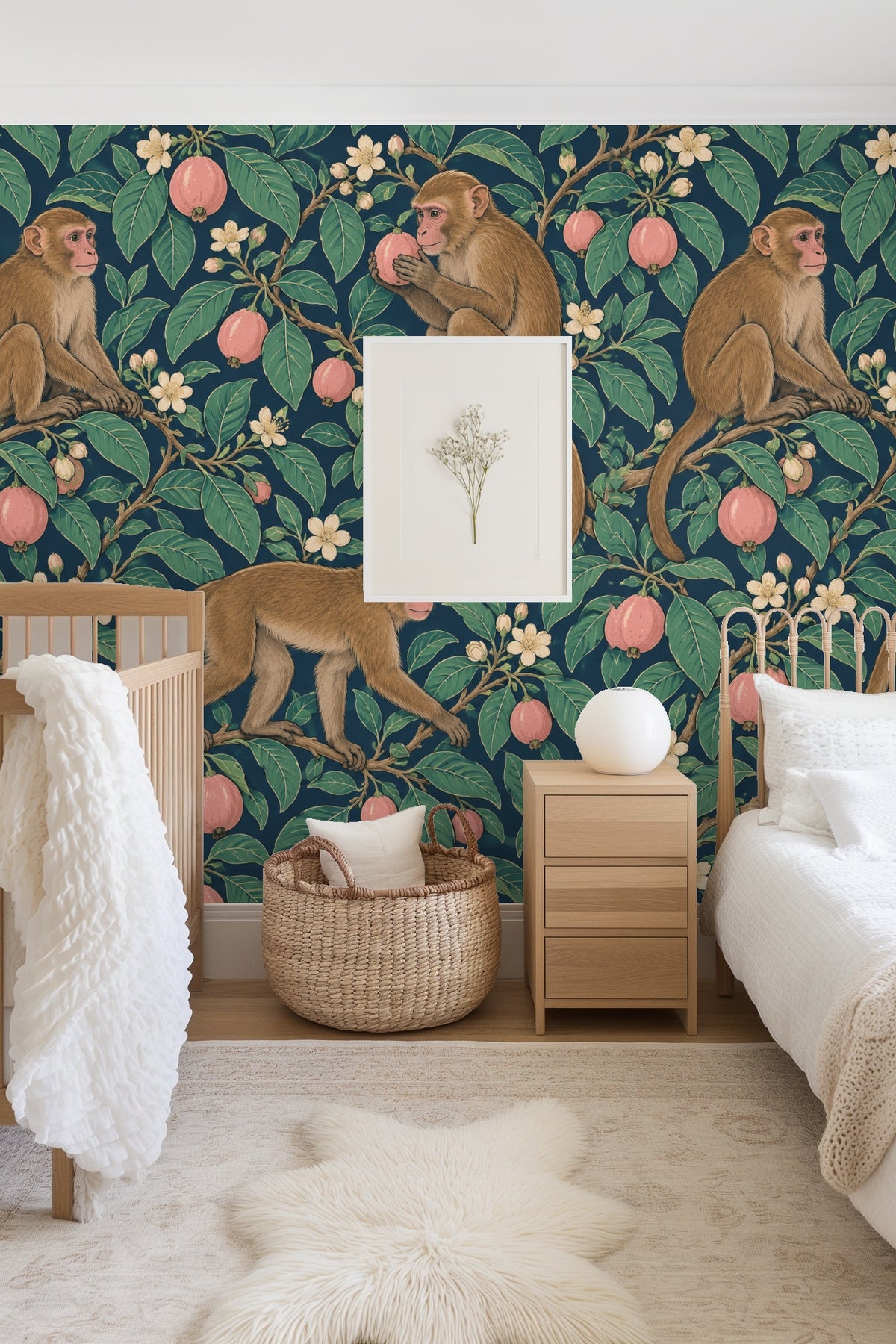 Close-up of a macaque holding a pink guava against lush green leaves and teal background wallpaper.
