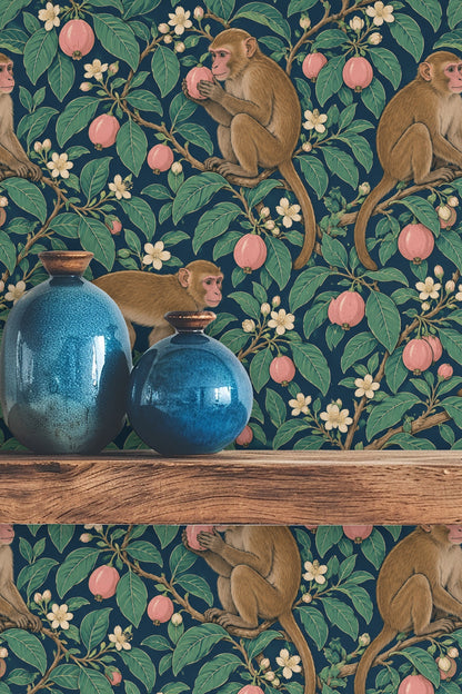 Wallpaper detail highlighting the delicate guava blossoms on the teal background with realistic macaques.