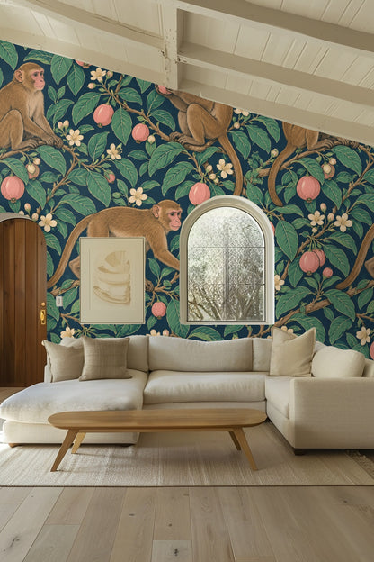 Artistic pattern combining narrative animal figures and tropical plant life in a balanced composition.
