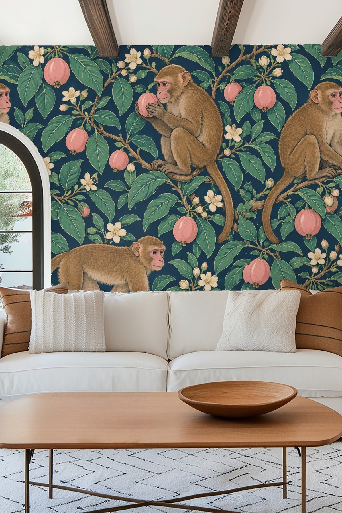Bedroom featuring Guava Macaque Garden wallpaper with macaques and guava fruits, accented by green bed frame and soft textiles.