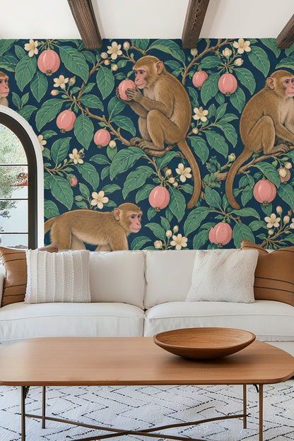 Bedroom featuring Guava Macaque Garden wallpaper with macaques and guava fruits, accented by green bed frame and soft textiles.