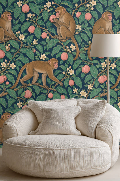 Segment of the wallpaper showing seated macaque and pink guava clusters with intricate leaf detailing.