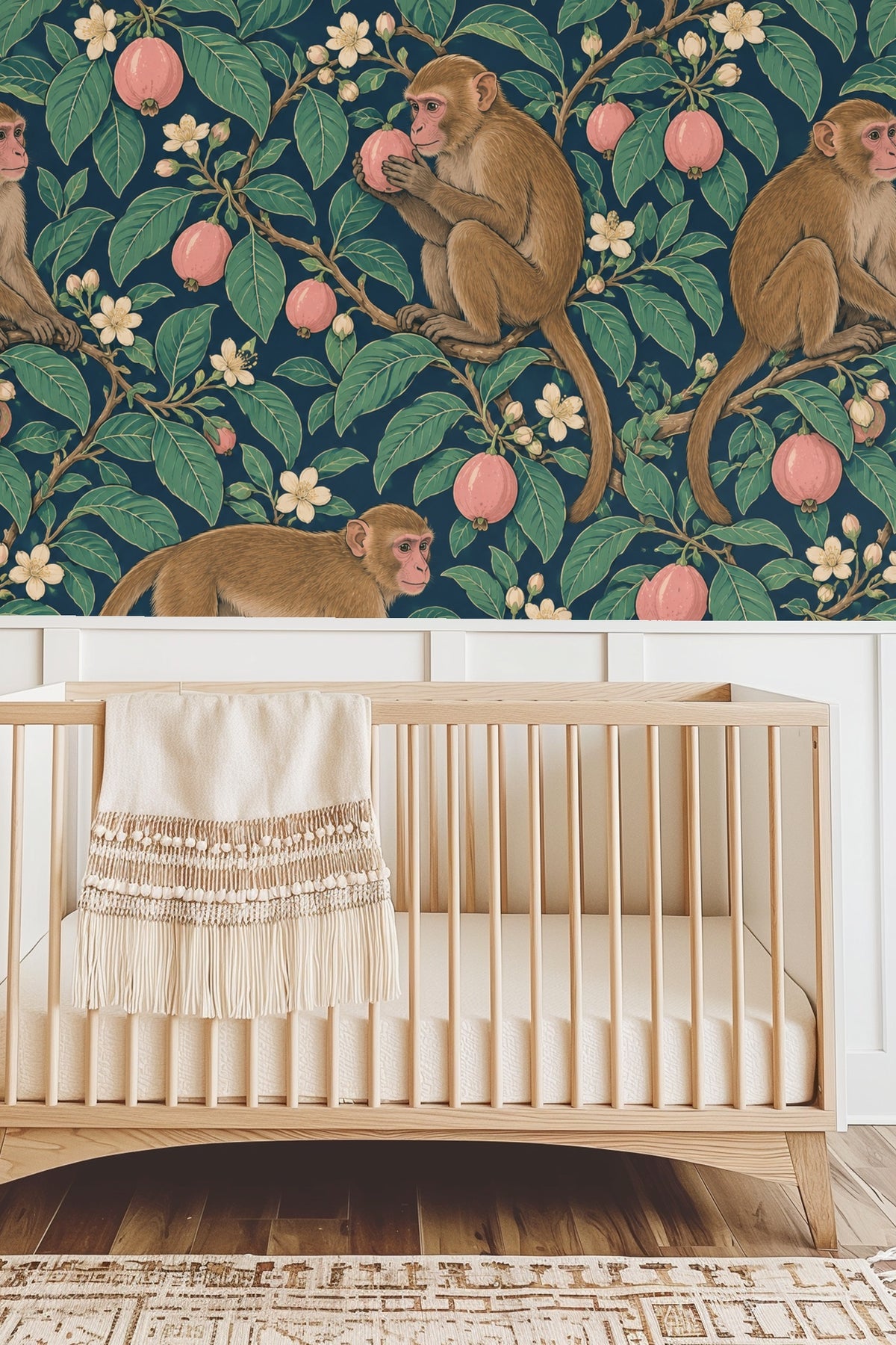 Moody teal background with naturalistic rendering of macaques amongst guava trees, emphasizing painterly botanical art.