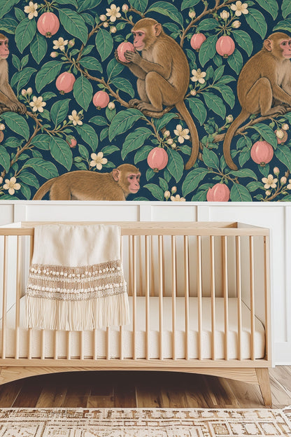 Moody teal background with naturalistic rendering of macaques amongst guava trees, emphasizing painterly botanical art.
