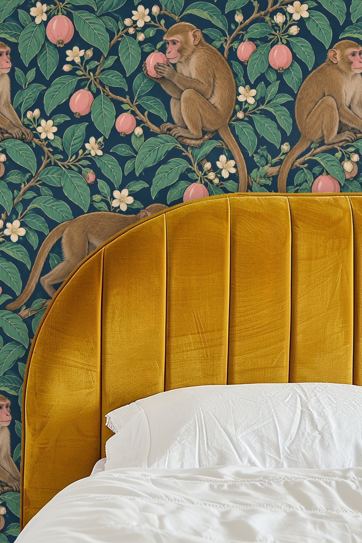 Partial view of the wallpaper with the walking macaque across the branch in botanical setting.