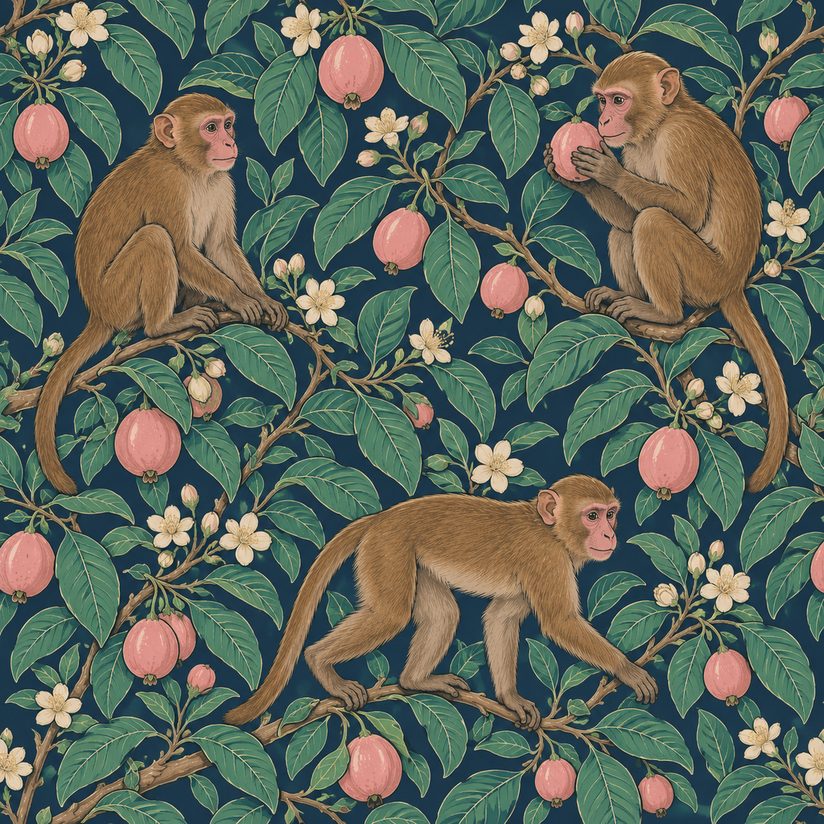 Decorative wallpaper in a boho room setting, illustrating scale and ambiance with lively macaque and plant motifs.