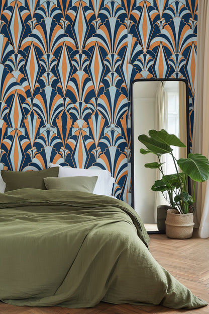 Close-up of Copper Kite Arcade wallpaper motifs framed by shadow for depth.
