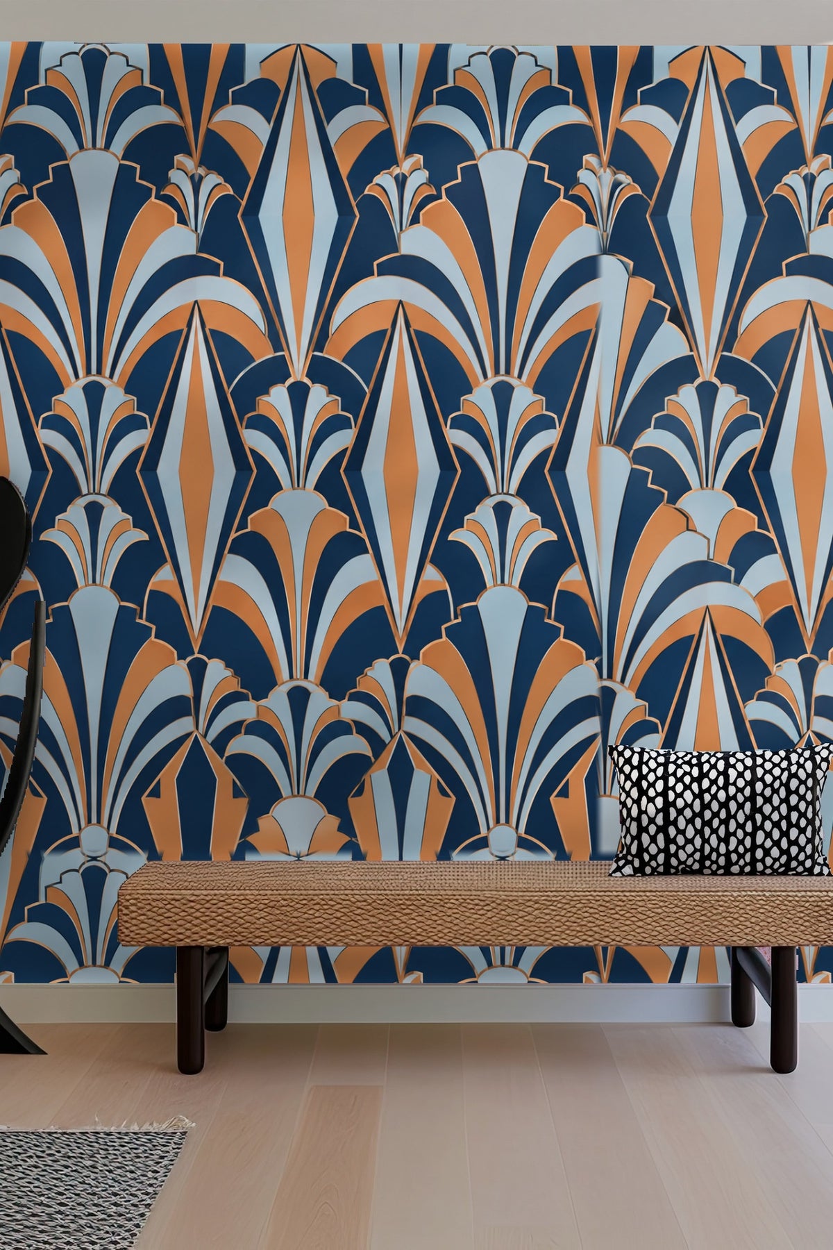 Full view of a room corner with Copper Kite Arcade wallpaper wrapping both walls.