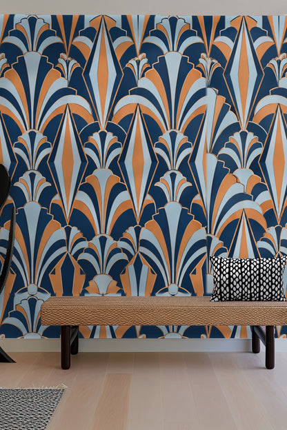 Full view of a room corner with Copper Kite Arcade wallpaper wrapping both walls.