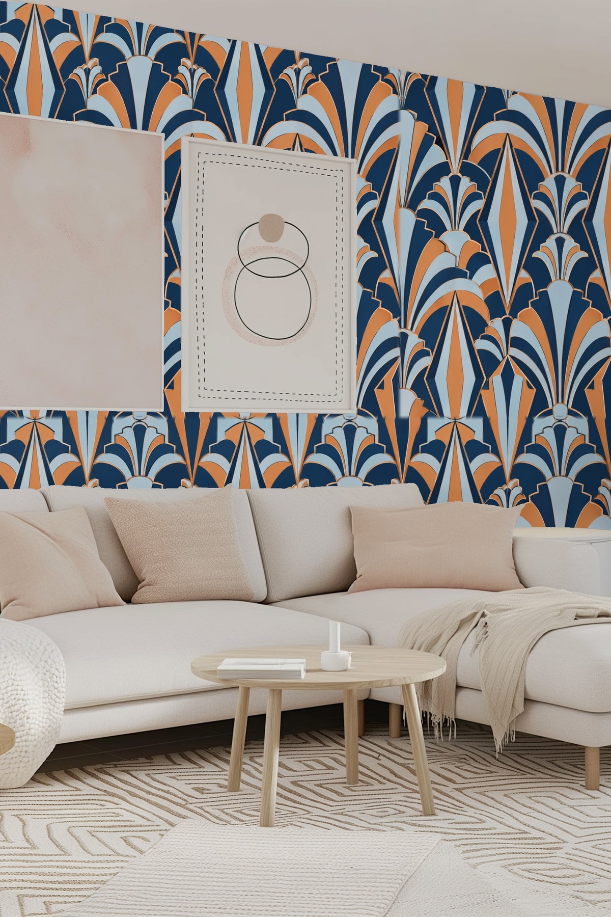 Angle showing Copper Kite Arcade wallpaper complementing mid-century modern furniture.