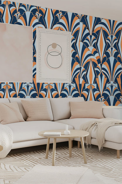 Angle showing Copper Kite Arcade wallpaper complementing mid-century modern furniture.