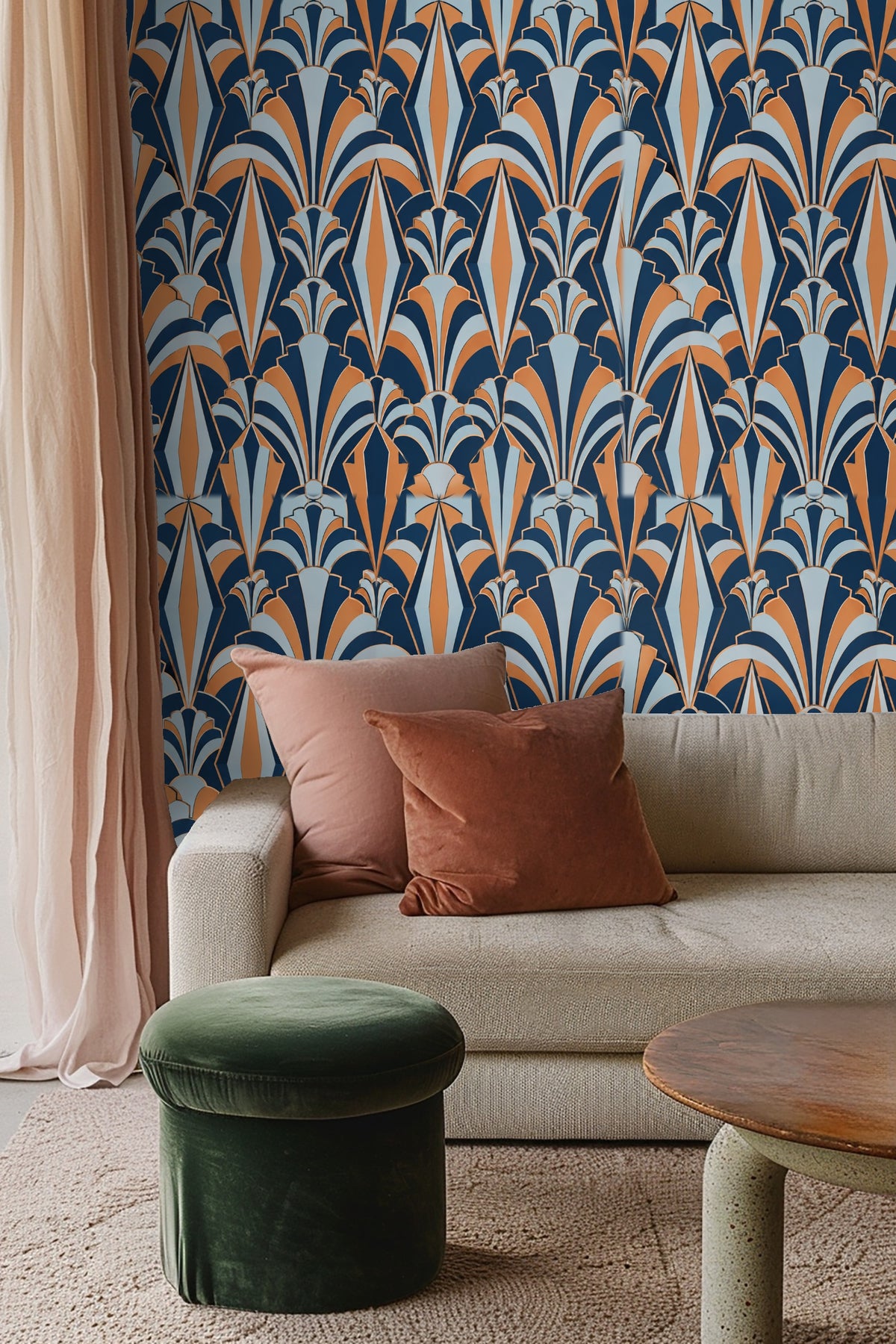 Bedroom wall with Copper Kite Arcade wallpaper behind a white bed with rattan headboard and cream pillows.