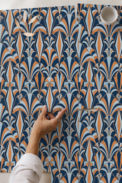 Copper Kite Arcade wallpaper section highlighting sharp copper outlines and layered fan shapes in blue and navy.