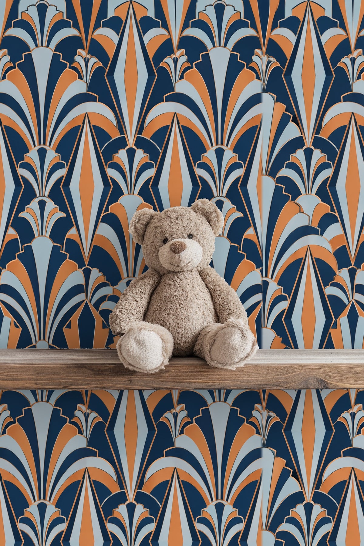 Partial view of Copper Kite Arcade wallpaper above chair rail in a neutral room.