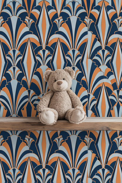 Partial view of Copper Kite Arcade wallpaper above chair rail in a neutral room.