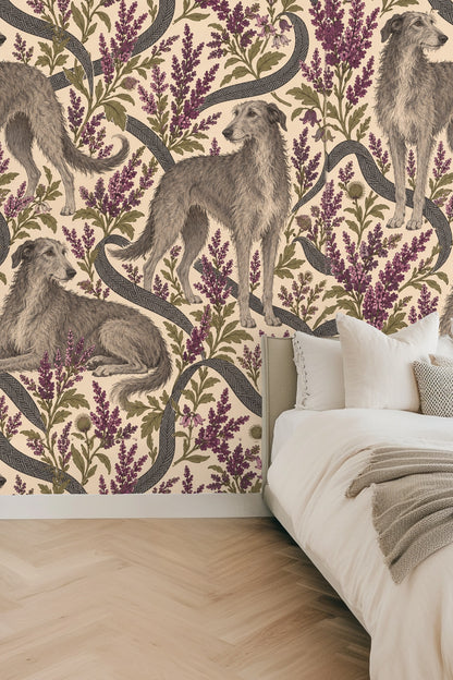 Heather Hounds wallpaper shown in an interior setting