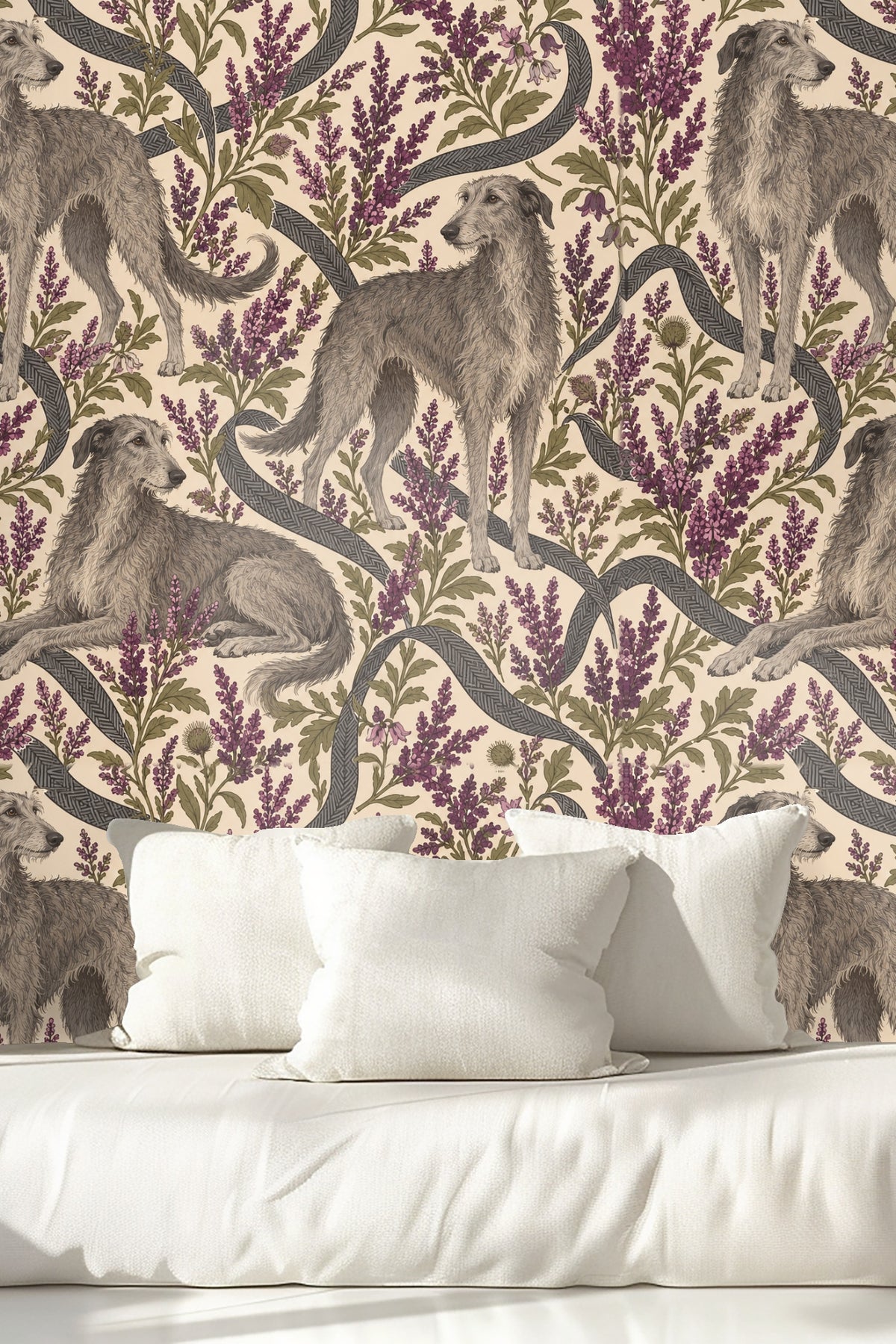 Heather Hounds wallpaper shown in an interior setting