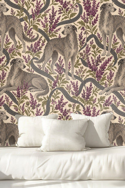Heather Hounds wallpaper shown in an interior setting