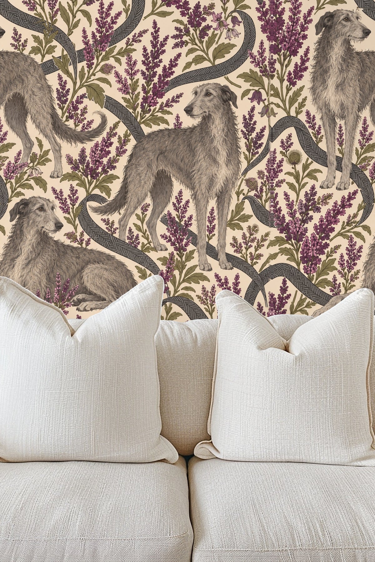 Heather Hounds wallpaper shown in an interior setting