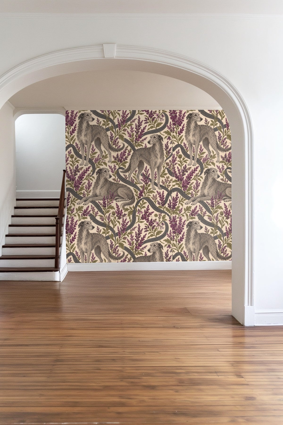 Interior living room view showcasing Heather Hounds wallpaper with a velvet mustard sofa and colorful pillows