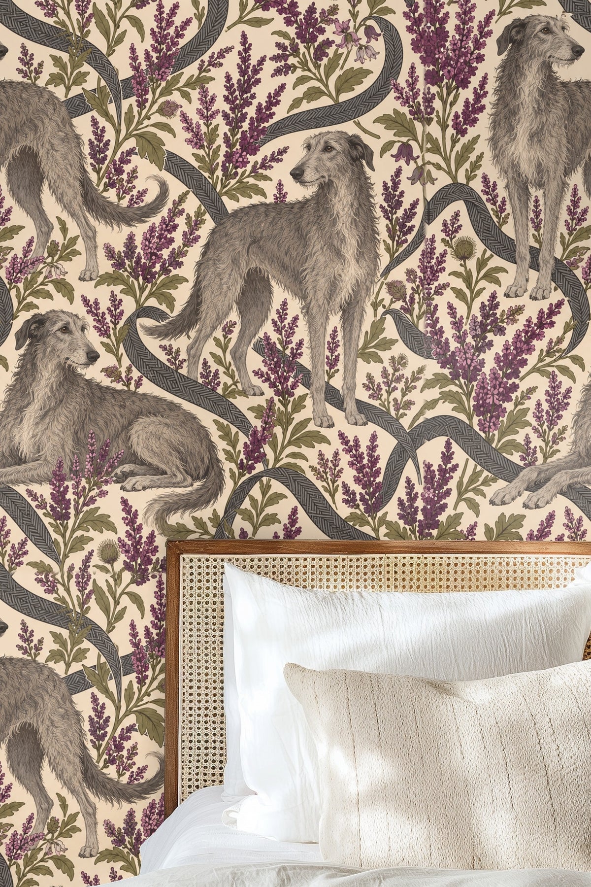 Wallpaper artwork featuring detailed greyhound dogs with heather and herringbone ribbons on cream background