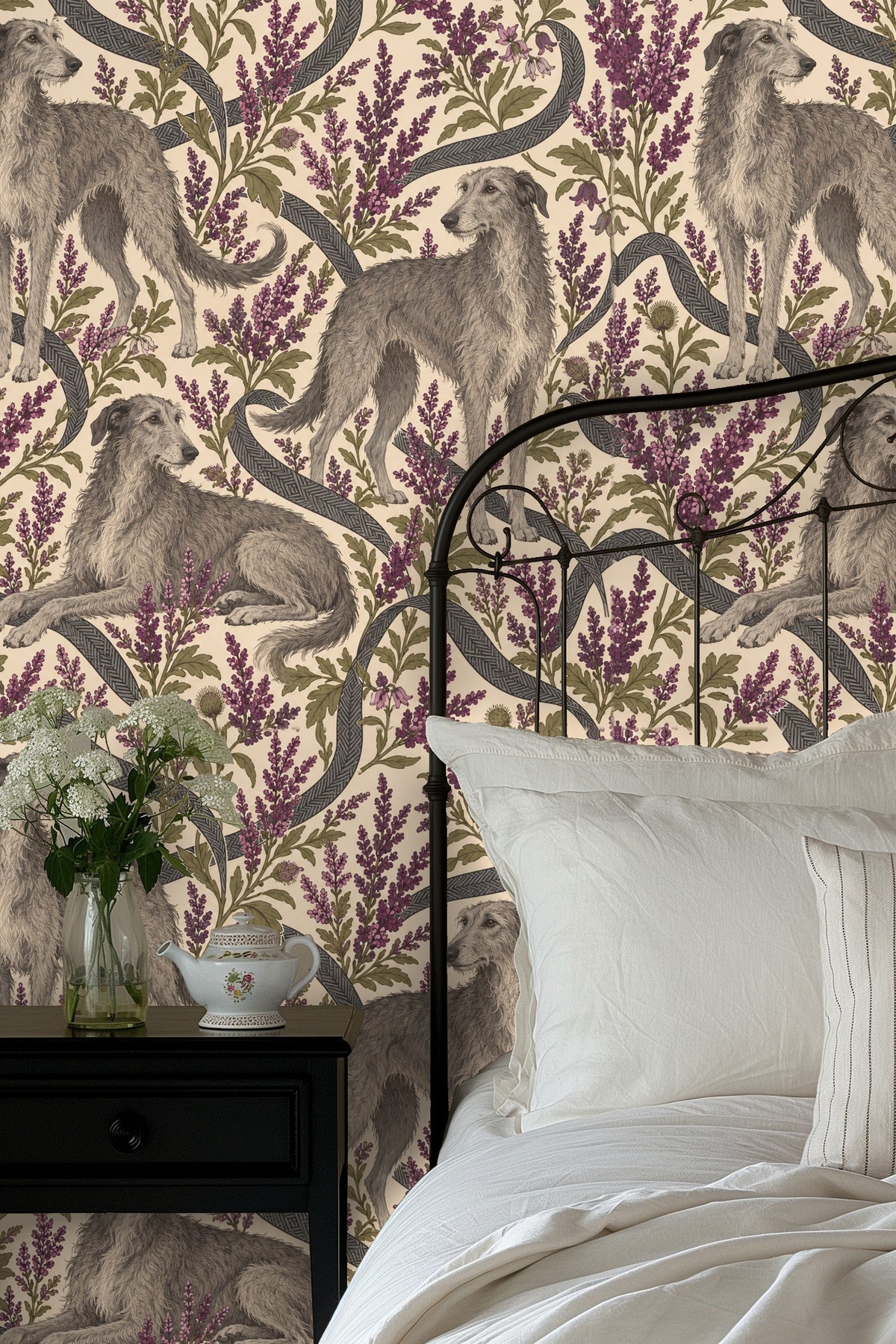 Heather Hounds wallpaper shown in an interior setting