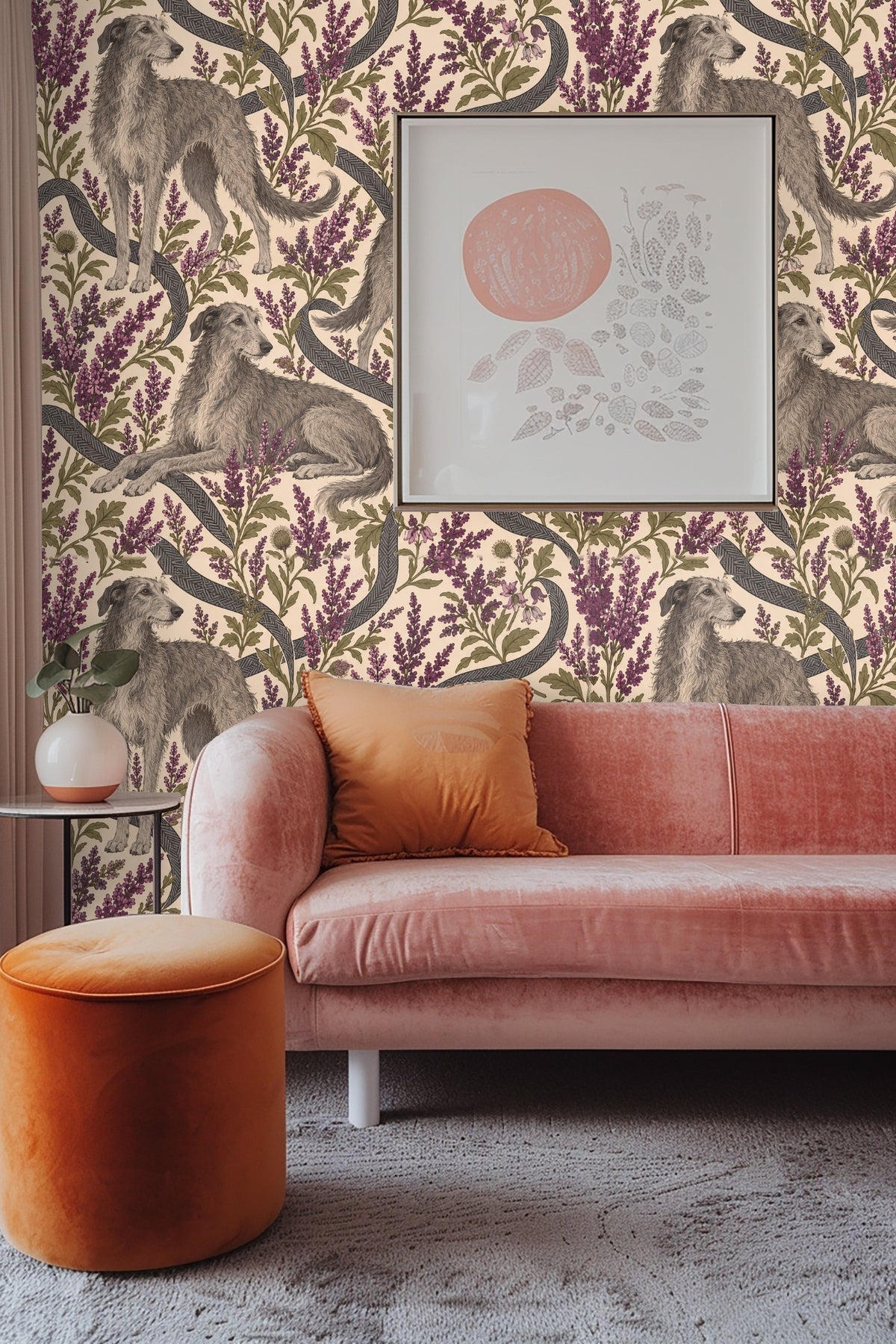 Heather Hounds wallpaper shown in an interior setting