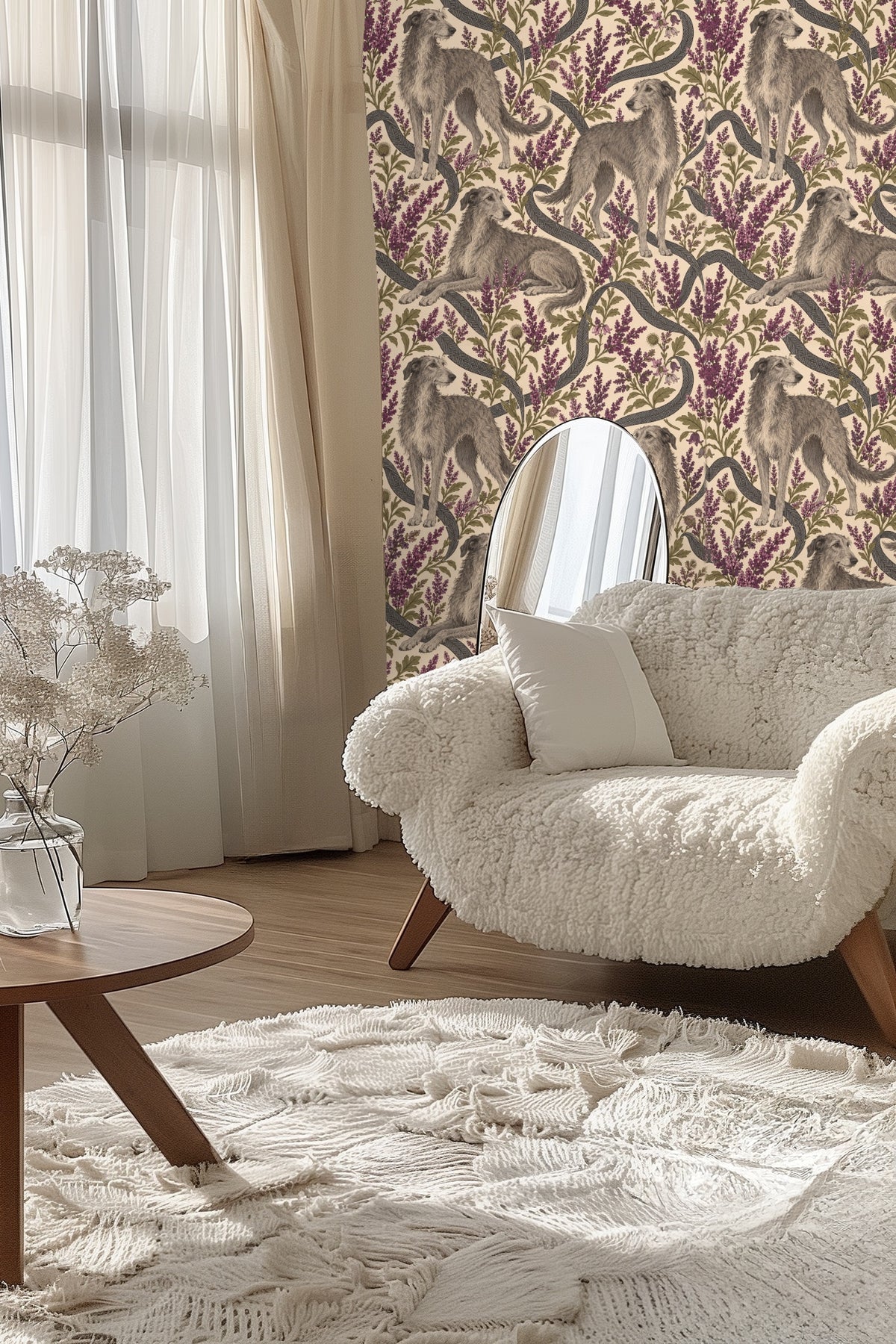 Heather Hounds wallpaper shown in an interior setting